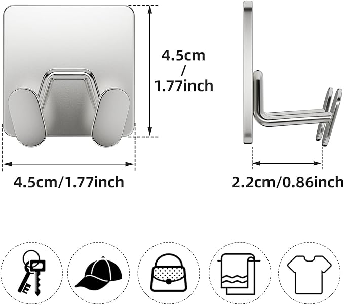 Shower Hooks for Inside Shower - Extra Sticky Stainless, Razor Holder Accessories, Wall Mounted Self-Adhesive Double Hooks for Razor, Loofah, Towel, Shaver, Coat, Key, Silver 6 Pack