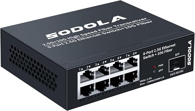SODOLA 8-Port Unmanaged 2.5G Switch,8 x 2.5GBASE-T Ports,1X10G SFP+,100Gbps Switching Capacity, Fanless, Metal，Plug & Play 2.5Gb Network Switch