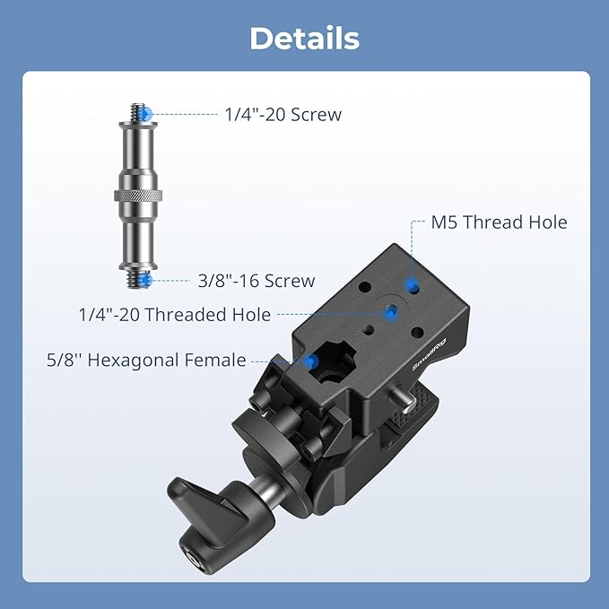 SMALLRIG Super Clamp Kit, Heavy Duty Max Load 33lb /15kg, with a 1/4"-20 & a 3/8"-16 Top Screw on a 5/8" Stud, for Photography Studio Video Camera Lighting, for Round Pipe and Flat Surface