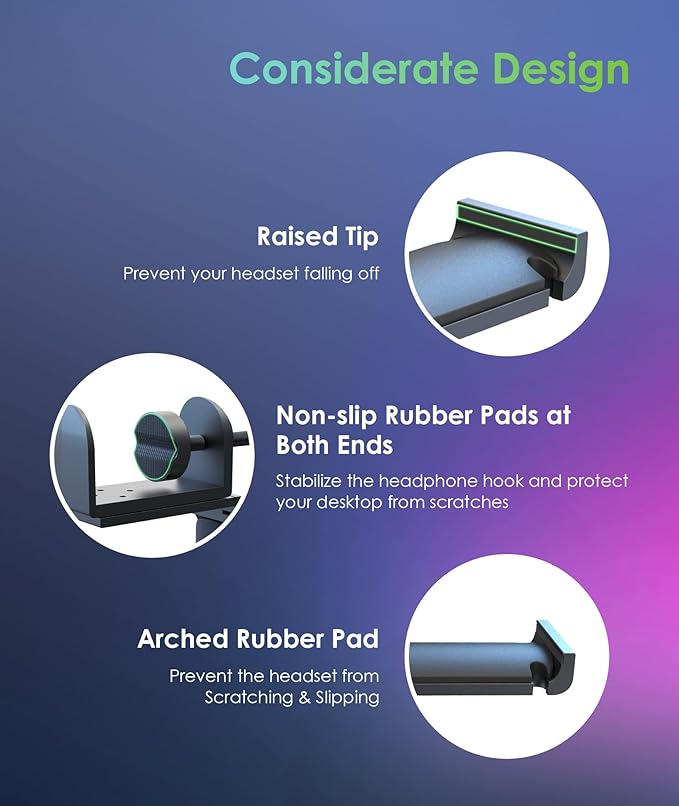 6amLifestyle Foldable All Aluminum Headphone Hook Holder for Desk, Under Desk Headphone Hanger Stand with Cable Organizer, Headset Holder Clamp for PC Gaming Headsets, Bag Hooks, Desk Accessories