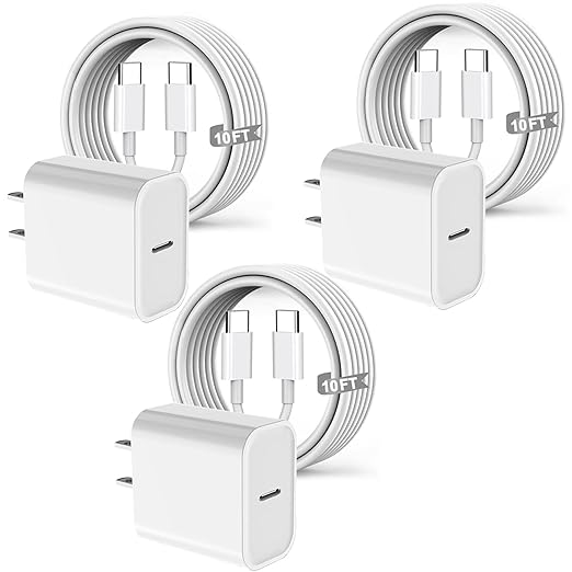 [3 Pack] Long 10FT iPad Pro Charger 20W Fast Wall Charger Block,10Foot USB C to C Cable Fast Charging for iPad Pro 13/12.9/11 inch 2018-2025,iPad 11,iPad Air,Mini 7th/iPhone 16/15 Pro/15 Pro Max