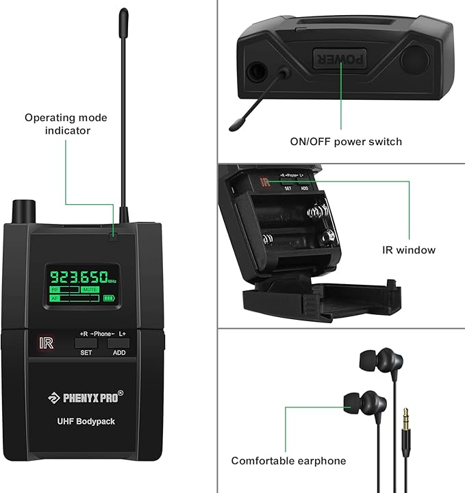 Phenyx Pro PTM-10 Stereo Wireless in Ear Monitor System Bodypack Receiver, Performance with 89 Adjustable Frequencies