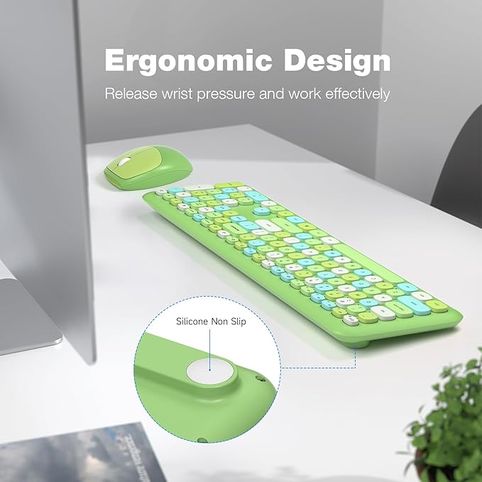 KNOWSQT Wireless Keyboard and Mouse Combo, Pale Green Full-Sized 2.4G Silent Keycap Colorful Keyboards, USB Dongle Plug Play, for Laptop, Windows, PC, Computer, Desktop