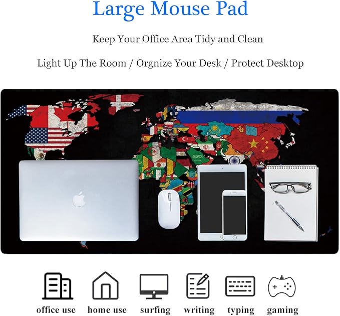 RTGGSEL 31.5x11.8 Inch Non-Slip Long Extended Large Gaming Mouse Pad with Stitched Edges XL Laptops Keyboard Mouse Mat(Black World Flag Map)