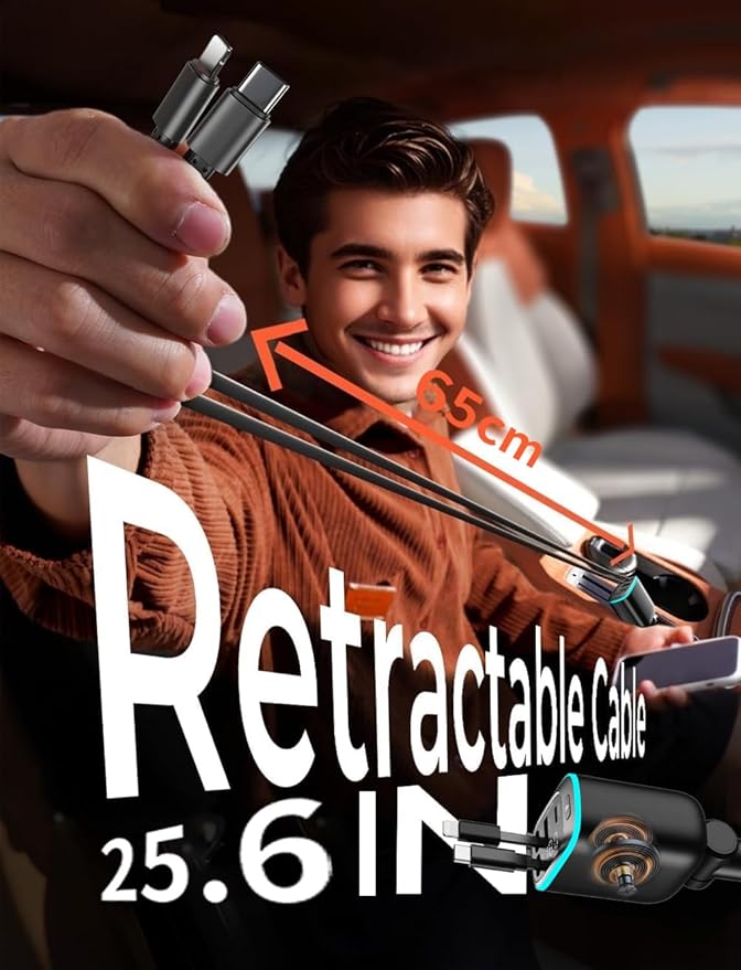 Retractable Car Charger 90W USB C Car Charger Adapter Fast Charging, Gift for Men, Car Accessories