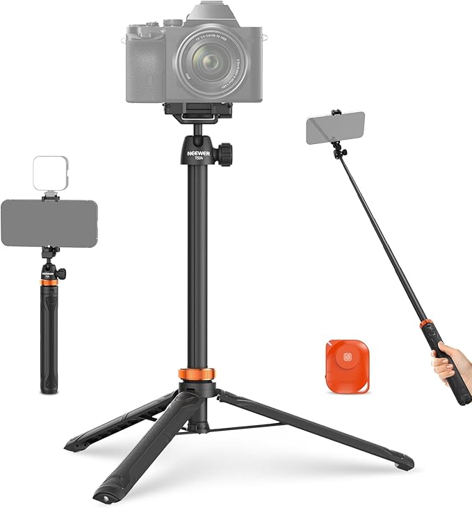 NEEWER BASICS 59"Selfie Stick Tripod Compatible with iPhone & DLSR Camera, Small Metal Compact Portable Travel Desk Stand with Remote Ball Head 2in1 Cell Phone Holder Mount for Video Recording Filming