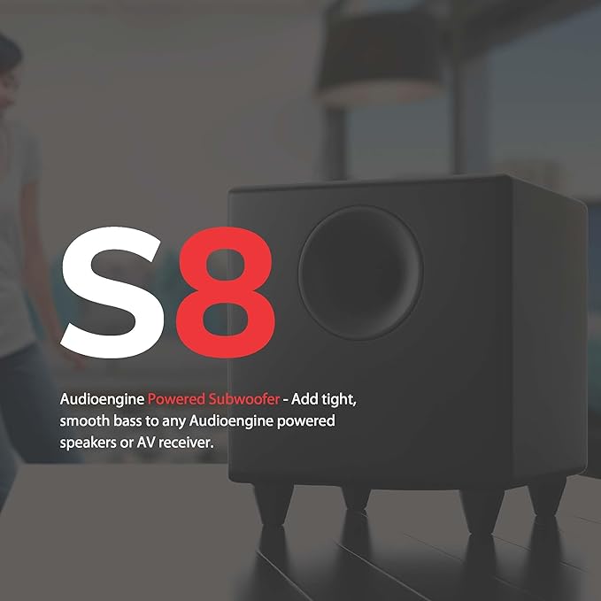 Audioengine S8 Powered Subwoofer Speaker - 250W 8-inch Home Woofer with Built-in Amplifier and Dual Audio Inputs for Home Audio