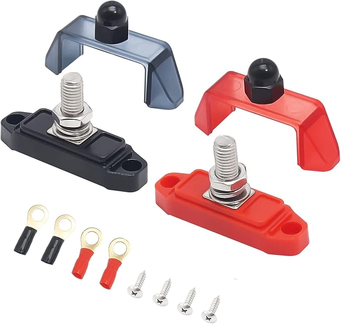 RECOIL S1P-38 Busbar Single 3/8” Studs Power Distribution Block with Ring Terminals Bus Bar Pair Red & Black