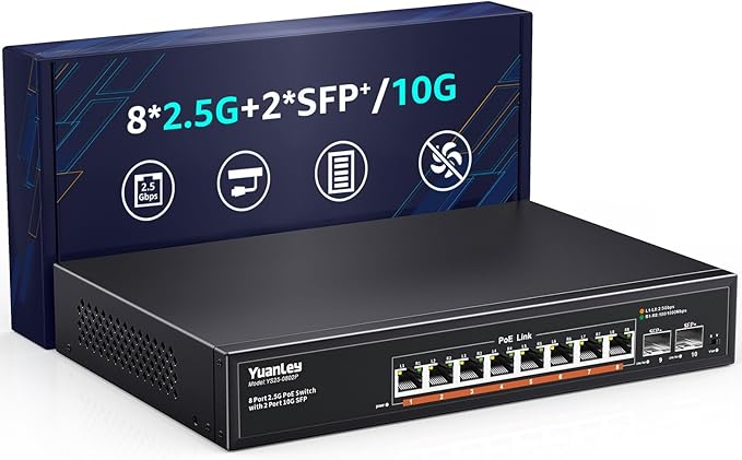 YuanLey 10 Port 2.5G PoE Switch Unmanaged, 8 x 2.5G Base-T PoE Ports, 2 x 10G SFP, IEEE802.3af/at, 120W, Compatible with 100/1000/2500Mbps, Metal Fanless, Desktop/Rack Mount 2.5Gbe Network Switch