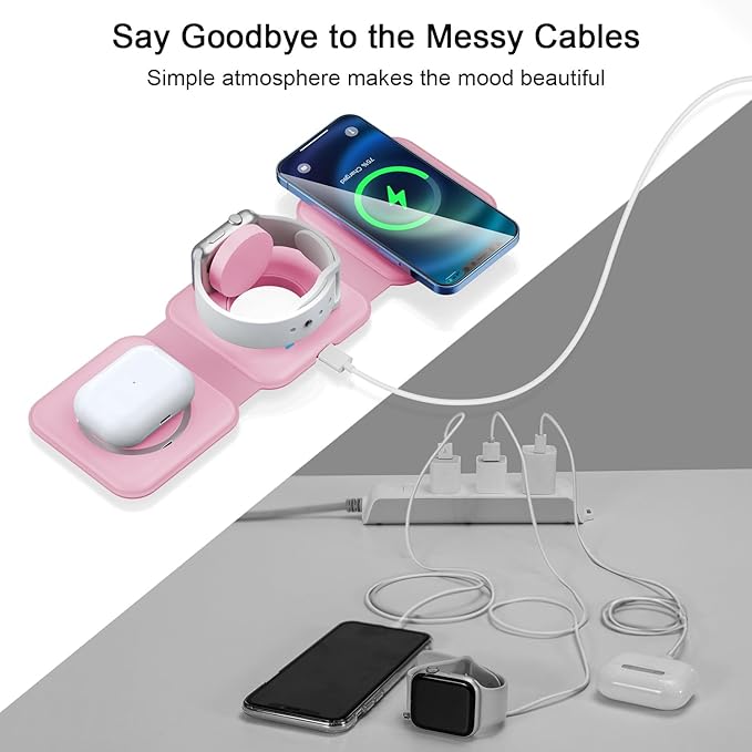 Wireless Charger 3 in 1,RTOPS Magnetic Travel Wireless Charging Station Multple Devices,GaN 3 in 1 Charging Station,Compatible for iPhone16/15/14/13/Pro/Max,iWatch,AirPods4/3/2/Pro(Adapter Includes)