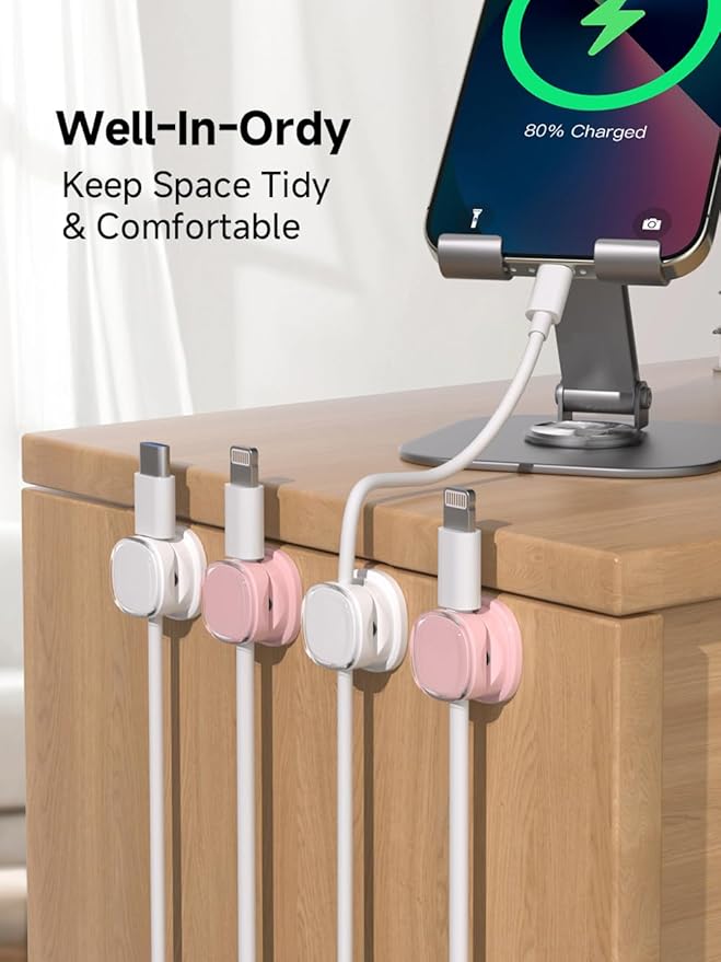 Magnetic Cable Clips, Adjustable Cord Holder Management, Adhesive Wire Keeper Organizer for Home Office Desk Phone PC Car Wall Desktop Nightstand Appliance (9-PCS White & Purple)