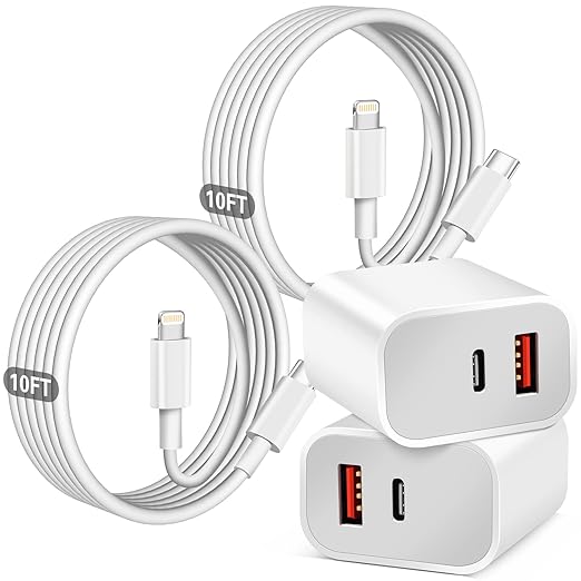 Fast Charger iPhone, Dual Port A/C Charging Adapter, 2Pack Quick Double Wall Charger Block, Apple Charger Block 10FT USBC to Lightning Cable for iPhone 14/13/12/11/ProMax/XS/XR
