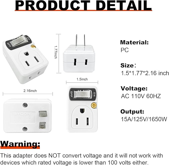 SYCON Adapter Outlet Extender with Night Light, Wall Outlet with Switch on off, Outlet Splitter with 2 Outlets
