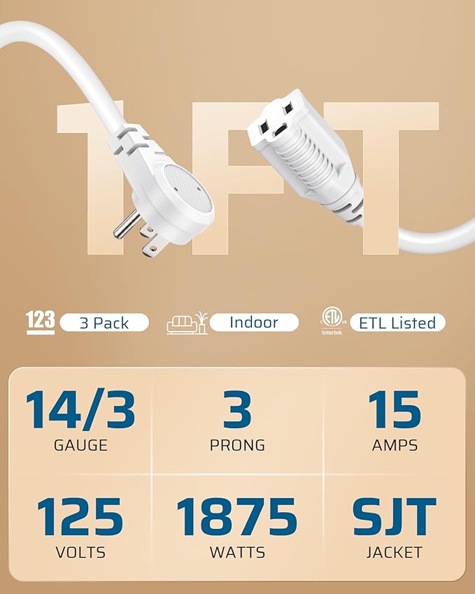 DEWENWILS 1FT Extension Cord Indoor, 14 Gauge Short Flat Plug Extension Cord White with 3 Prong, Low Profile Power Cable SJT, ETL Listed, 3 Pack