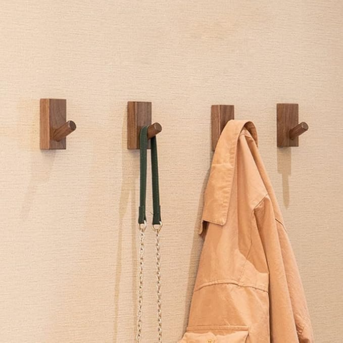 HomeDo 4Pack Adhesive Wall Hooks Hat Rack, Wooden Coat Hooks Wall Mounted, Decorative Hooks Single Organizer Hat Hanger Towel Rack, Heavy Duty Hooks (Rectangle-Walunt,4Pack)