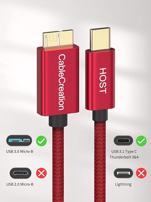 CableCreation 1FT USB C to Micro B Cable,10Gbps Speed External Hard Drive Braided,USB 3.1 Type C to Micro B Work for iPhone 15 Series,Seagate WD Westgate My Passport,MacBook Pro/Air, iPad/Tablet,Red