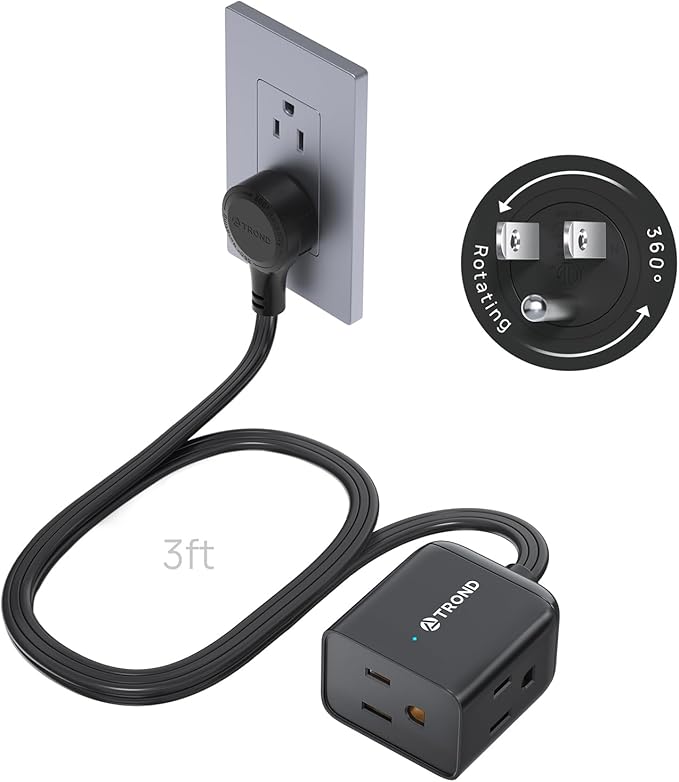 TROND 360° Rotating Flat Plug Extension Cord 3ft, Low Profile Small Power Strip, Three Side Grounded Outlet, 13A, Short SPT 16/3 Gauge Cable for Indoor Home Office Cruise Travel Essentials, Black