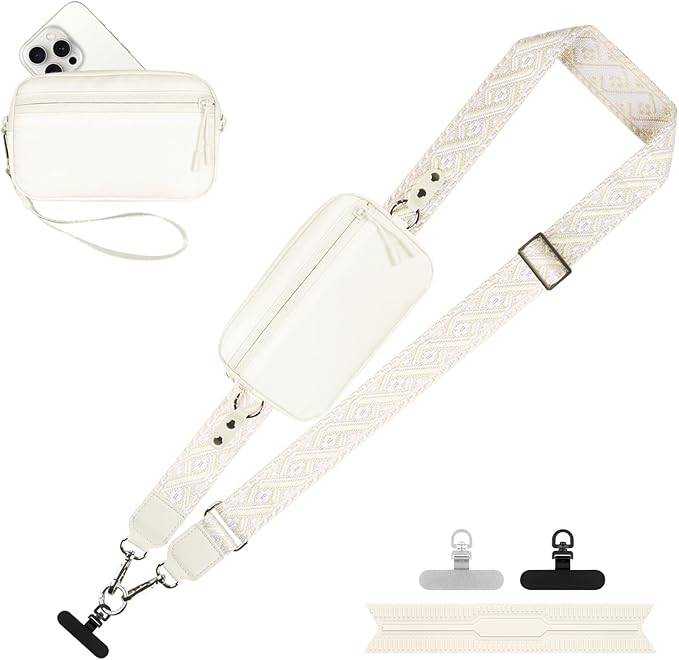 Clip and Go Strap for Phone with Wallet Crossbody, Adjustable Phone Lanyard with Detachable RFID Wristlet Wallet, Pattern Strap - Cream (L)
