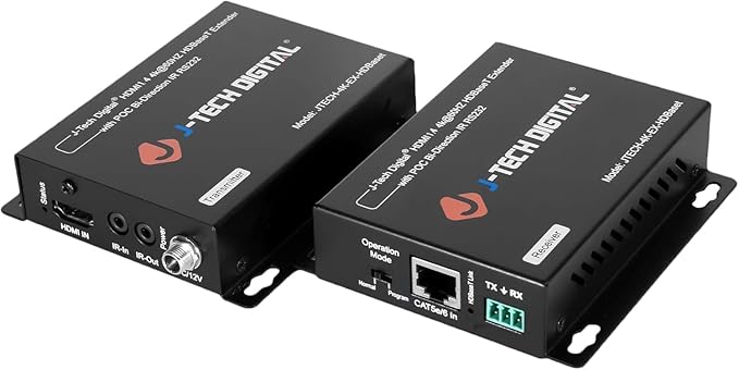J-Tech Digital 4K HDBaseT HDMI Extender Over Cat5e/6 Ethernet up to 230ft (1080P) 130ft (4K), Supports HDCP 2.2/1.4, RS232, Bi-Directional IR and PoC