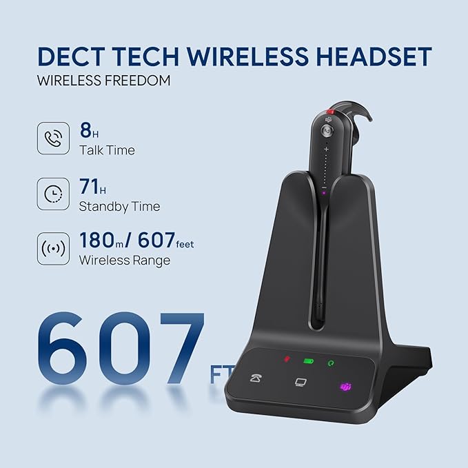Yealink DECT Wireless Headset WH63 E2,Teams Certified,Single Ear(Mono) Office Headset for Desk Phone and Computer Softphone,Noise Cancelling Mic, 607Ft Range,3 Wearing Styles