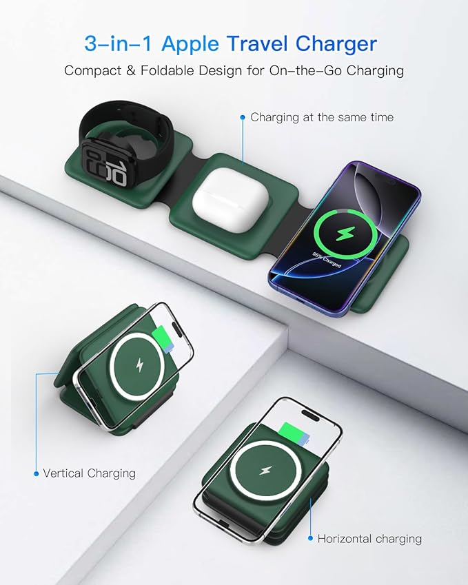 3 in 1 Wireless Charger for iPhone - Foldable Charging Station Travel Charging Dock Compatible with iPhone 16 15 14 13 12 Pro Max Plus Watch & Airpods