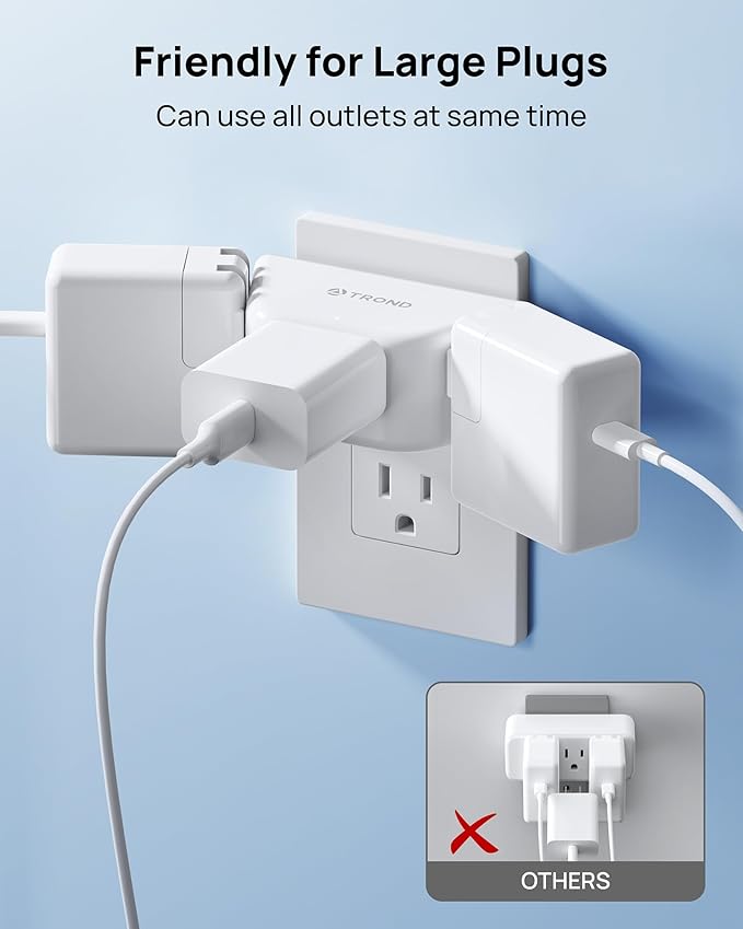 TROND Outlet Extender 3 Pack - Multi Plug Wall Outlet, 3-Prong Grounded Wall Splitter, 3 Way Angled Plug Adapter, Cruise Ship Essentials, Multiple Expander for Travel Home Office Dorm Room, White
