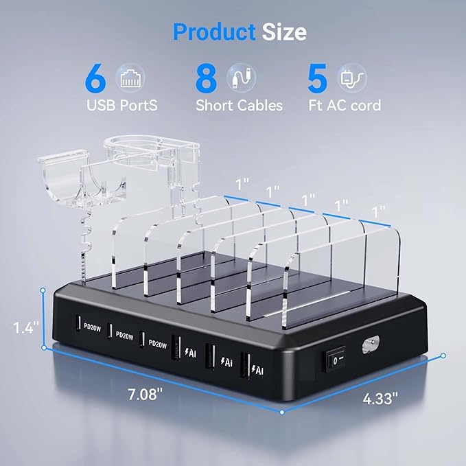 Catlyn Charging Station for Multiple Devices, 6-Port 90W Fast Charger Stations with 8 Mixed Charger Cables Organizer Dock,Compatible for Cell Phone