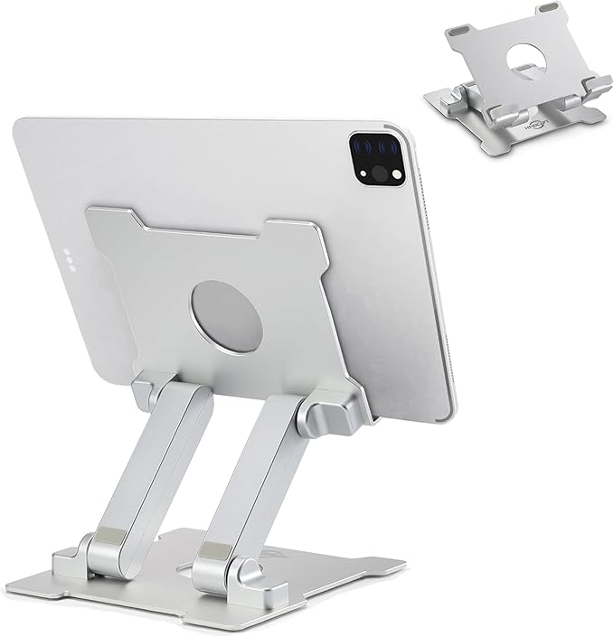 KABCON Quality Tablet Stand,Adjustable Foldable Eye-Level Aluminum Solid Up to 15-in Tablets Holder for Microsoft Surface Series Tablets,iPad Series,Samsung Galaxy Tabs,Amazon Kindle Fire,Etc.Silver