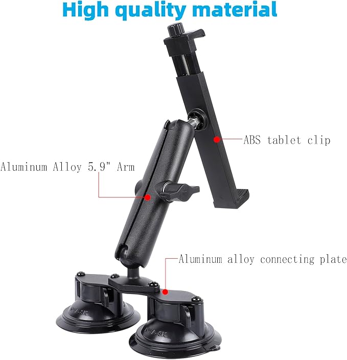 iPad Pro 12.9 Inch Tablet Mount with Dual Suction Cup Base for Truck Car Windshield, Aluminum Arm Heavy Duty Tablet Suction Holder for Window, Compatible with 6.5-12.9" Tablets