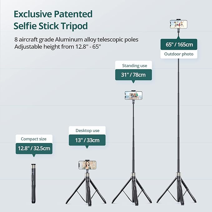 ATUMTEK 65" Selfie Stick Tripod, All in One Extendable Phone Tripod Stand with Bluetooth Remote 360° Rotation for iPhone and Android Phone Selfies, Video Recording, Vlogging, Live Streaming, Black