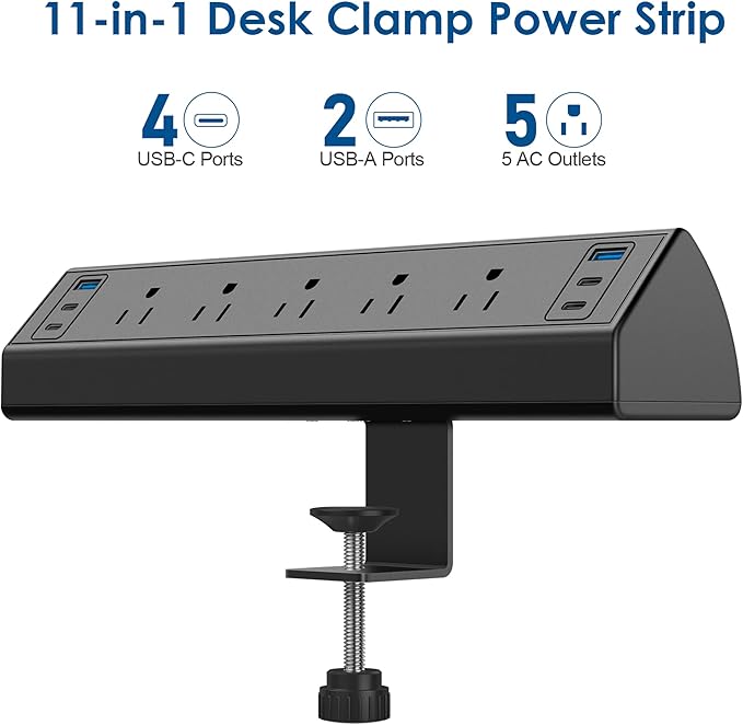 Desk Clamp Power Strip USB C,Under Desk Mount Power Station,20W Fast Charging,Fits 1.9'' Tabletop Edge,Desk Surge Protector,Perfect Home,Office Supplies (Black, 5 Outlets & 6 USB Ports & 10 FT Cable)