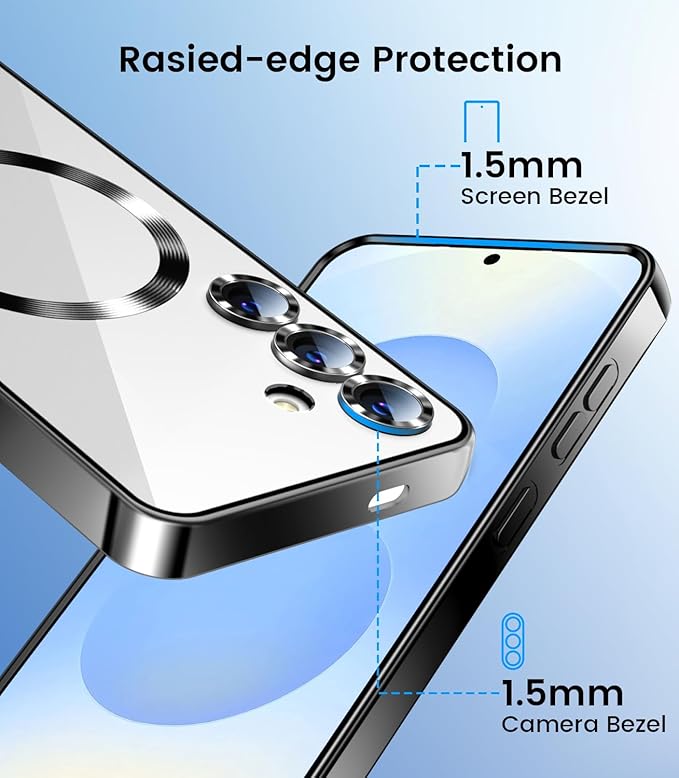 Slim Thin for Samsung Galaxy S25 Plus Case, Compatible with MagSafe, Built-in Camera Lens Protector, Shockproof Protective Phone Case, Soft Electroplated Clear Cover, Black