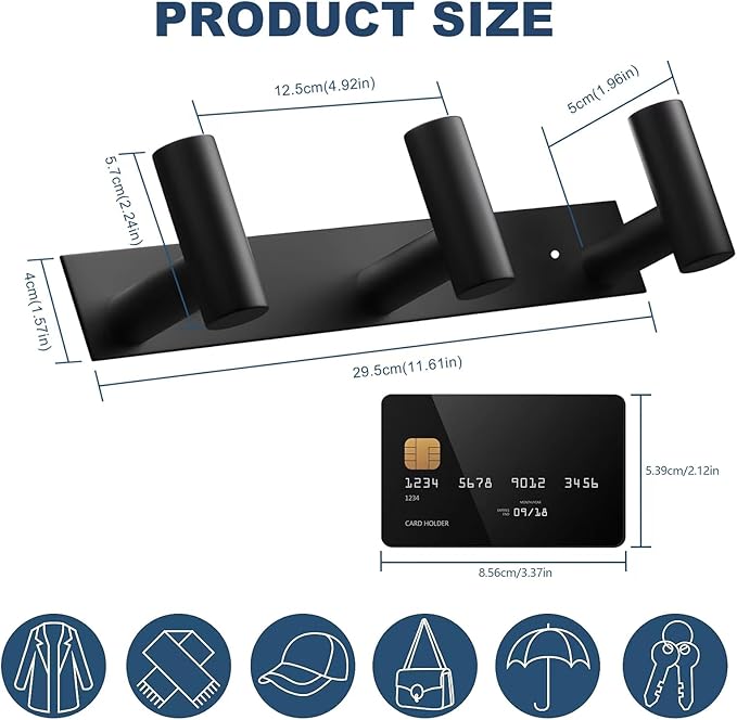 VAEHOLD Black Hat and Coat Wall Mount Rack - 3 Hooks for Robes, Bags, Keys, and Towels - Bathroom Towel Hanger Organizer (2 Pack)