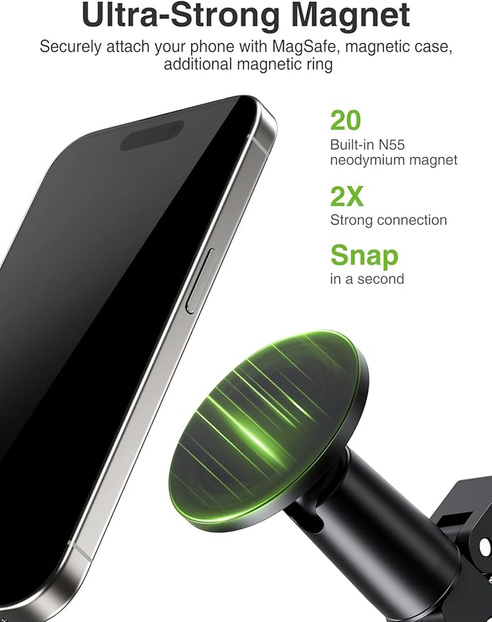 elitehood Magnetic Phone Clamp Mount, Adjustable Phone Holder for Mic Stand/Music Stand/Golf Cart/Treadmill/Stroller/Shopping Cart/Stationary Bike, iPhone Clamp Mount for Magsafe iPhone 16 15 14