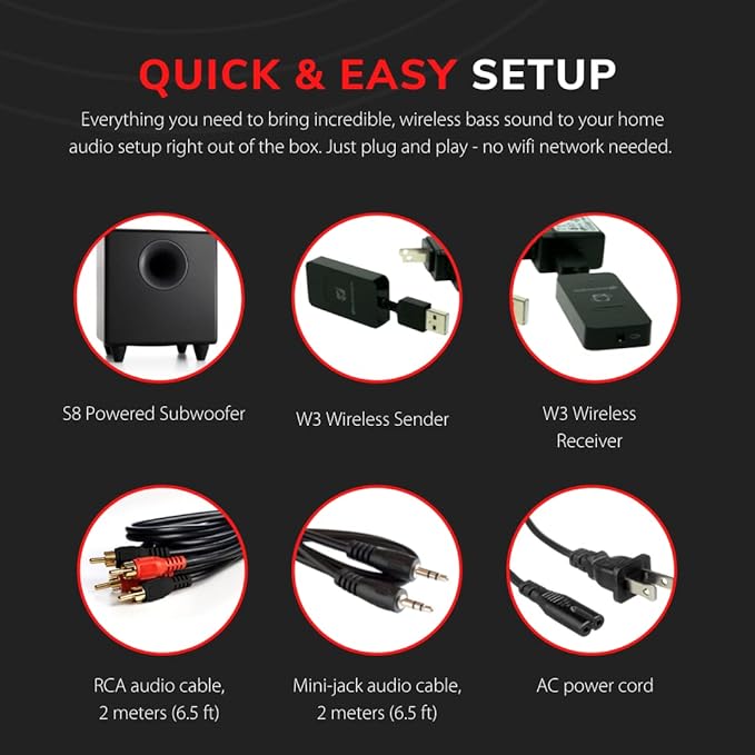 Audioengine S8 250W Wireless Subwoofer Kit with Built-in Amplifier (Wireless Kit, Black)