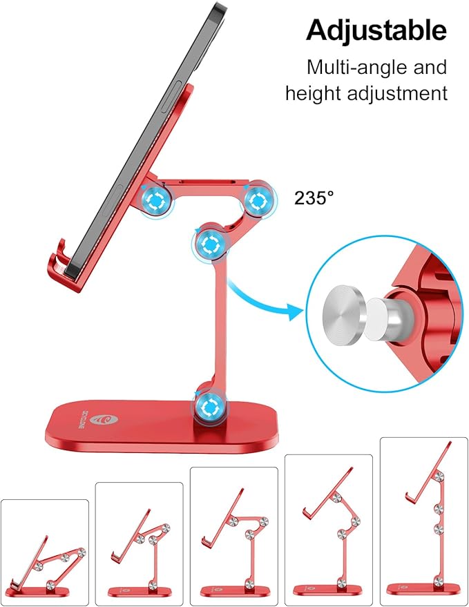OCYCLONE Phone Stand, Adjustable Height and Angle Foldable Cell Phone Stand Holder for Desk, Taller iPhone Stand Compatible with 4.7"-13" Smartphones iPad Tablet, Red