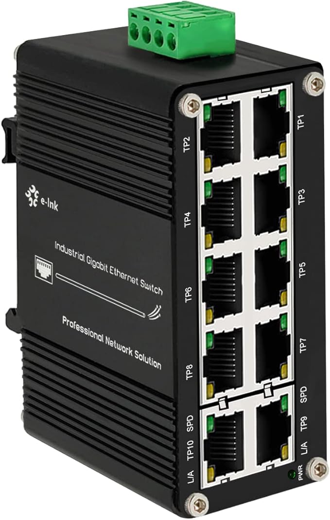 Mini Industrial Switch 10 Ports Gigabit Switch Hardened 10 Port RJ45 10/100/1000Mbps Ethernet Switch Din Rail Mount Outdoor Ethernet Switch, Unmanaged Network Switch (-40 to 176°F) with 12-48V DC