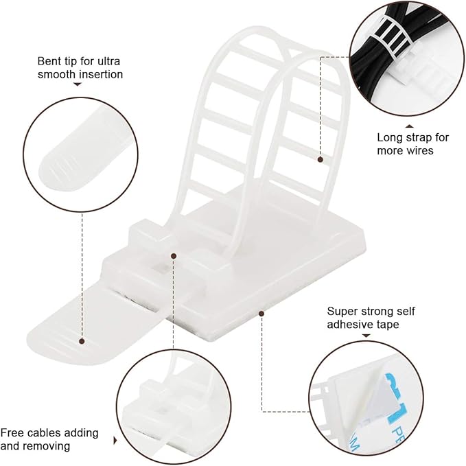Adhesive Cable Management Clips, 50pcs Adjustable Nylon Cable Straps Wire Clips Clamps Organizer with Strong Adhesive Tape, Extra Screw & Hole for Strong Fixation Home Office - 3.55 Inch White
