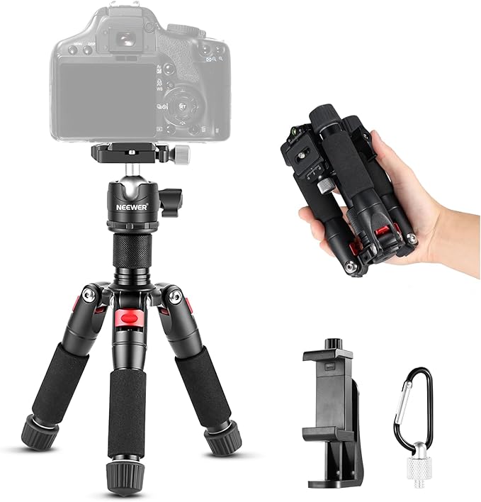 NEEWER Mini Desk Camera Tripod with Cell Phone Holder Compatible with iPhone for Video Recording Filming, 20"/50cm Small Portable DSLR Camcorder Webcam Stand, 360° Ball Head 1/4" QR Plate, TP-AAM521