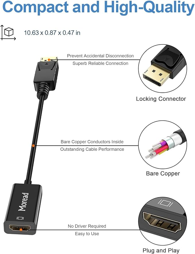 4K DisplayPort (DP) to HDMI Adapter, Uni-Directional Gold-Plated Display Port Computer to HDMI Screen Converter (Male to Female) Compatible with HP, Dell, Lenovo & More, Passive - Black