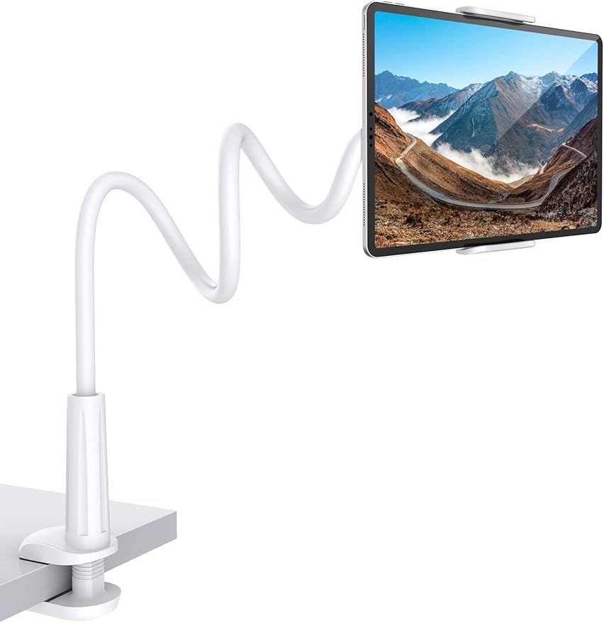 SHAWE Gooseneck Tablet Holder Phone Stand, Flexible Tablet Mount for Bed, 360 Adjustable Lazy Arm Holder Clamp Mount for iPad Air Pro Mini, Samsung Galaxy Tabs, iPhone, Switch, 4.0~10.5" (White)