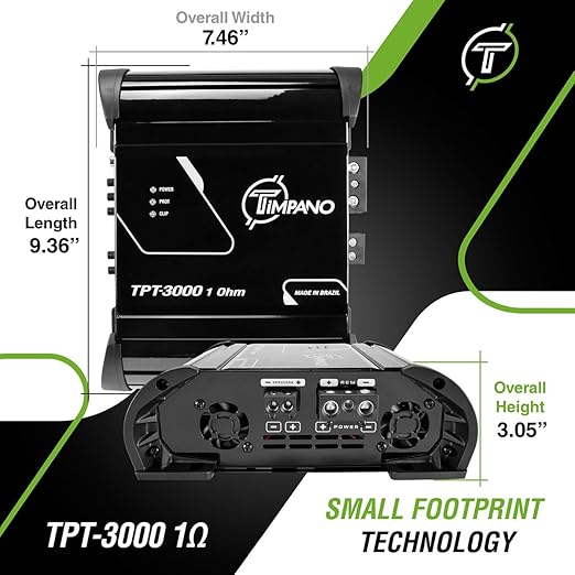 Timpano TPT-3000 1 Ohm Compact Amplifier 3000 Watts, 1 Channel, Full Range Amp Class D for The Installation of Car Speakers, Loudspeakers, Drivers and Tweeters on Car Audio Systems