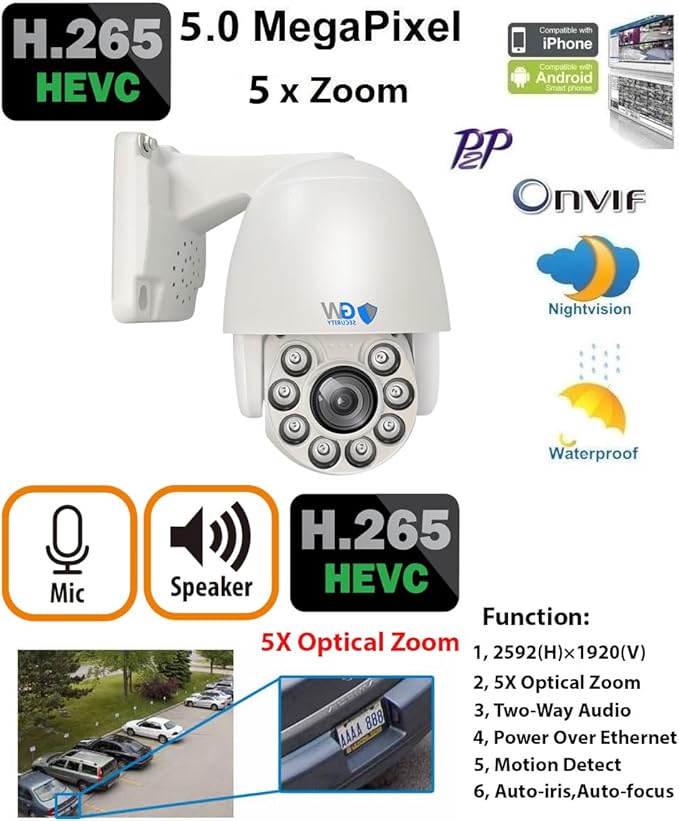 GW Security 8 Channel 4K NVR 5MP PoE Smart AI Security Camera System with 4 x 5MP Bullet Cameras and 1 x 5MP 5X Motorized Zoom Two-Way Audio PTZ Camera, Outdoor Indoor Video & Audio Surveillance