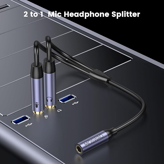 MOSWAG Headphone Splitter for Computer, 3.5mm Female to Dual 3.5mm Male Cable for PC Gaming, Headphone Mic Splitter for PC 24K Gold-Plated with Noise Cancellation for Laptop/Speakers/Mic【11inch/28cm】