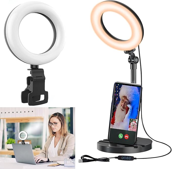 Desk Ring Light with Stand, Amcuke Ring Light with Clip 10W 3000K-6500K Dimmable Travel Desktop Light for Phone Selfie Laptop Zoom Video Makeup Vlog Tiktok Live Streaming