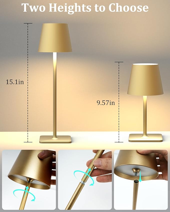 2 Pack Rechargeable Table Lamps, Gold Cordless Lamps - Battery Operated Touch Lamp, Outdoor Table Lights, Waterproof, Wireless, Portable Desk Lamp for Restaurant, Bedroom, Patio(Gold)