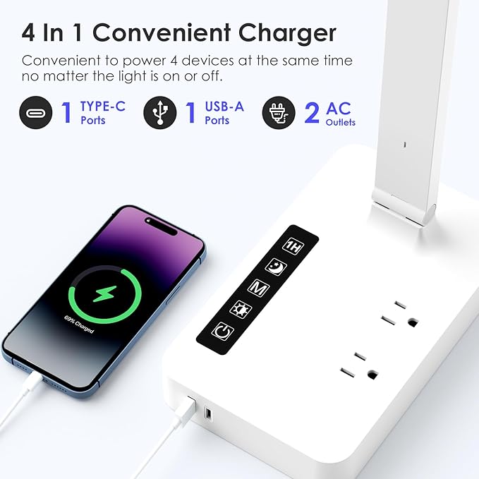 Infiway LED Desk Lamps for Home Office: Desk Lamp with USB Charging Port - 1 USB-A, 1 Type-C Ports, 2 AC Power Outlets, Touch Control Dimmable 5 Color 5 Brightness, Night Light(White)