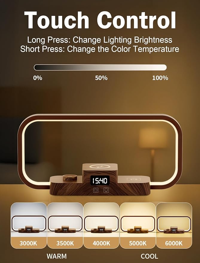 LED Bedside Lamp with Wireless Charger, 3 in 1 Touch Control Bedside Lamp, 5 Color Mode & Dimmable, Desk Lamps with Clock for Nightstand, Table Night Lamp for Bedroom, Gifts for Women, Men, Friends
