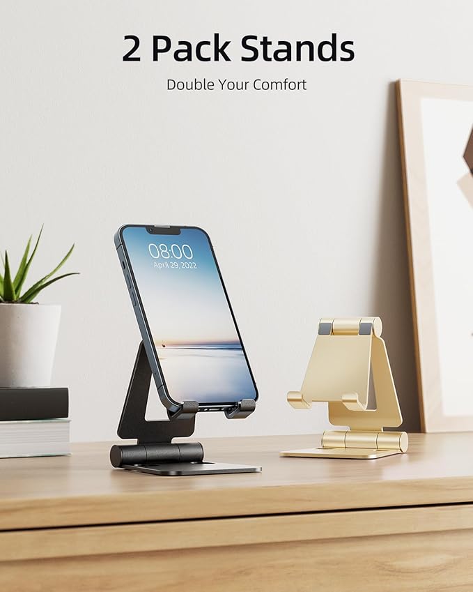Nulaxy 2 Pack Dual Folding Cell Phone Stand, Fully Adjustable Foldable Desktop Phone Holder Cradle Dock Compatible with Phone 16 15 14 13 12 Pro Xs Xs Max Xr, All Phones, Black&Gold