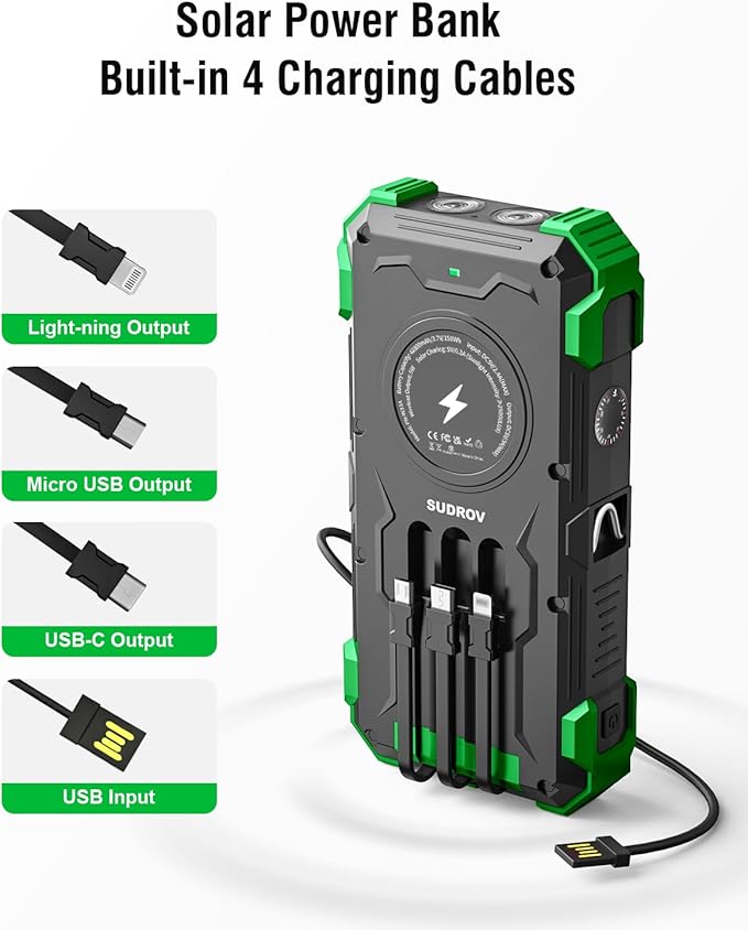 Solar Charger Power Bank, 42800mAh Wireless Portable Charger with USB-C in/Output, QC3.0 Fast Charging 15W 4 Ports Outdoor Battery Pack Built-in Dual Led Flashlights for iPhone Samsung etc